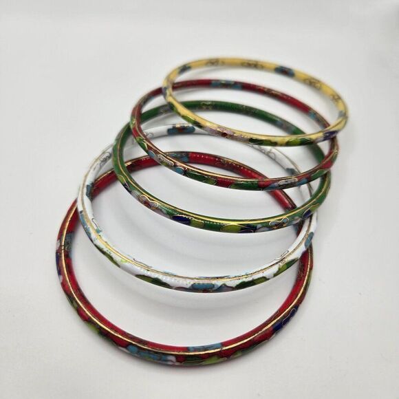 Vintage Enamel Cloissonne Bangle Bracelet Lot of 5 Asian Floral - Picture 1 of 3